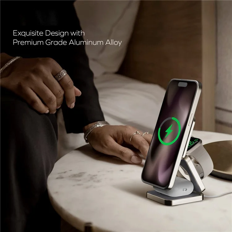 MOMAX Q2.Mag Go Watch / Écouteur / Téléphone Chargeur Pliable Magnétique sans Fil 3 en 1, Certifié Qi2+MFW - Titane