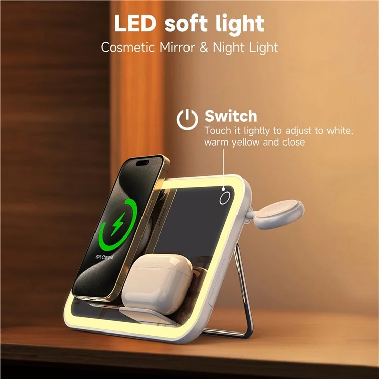 V22 3-in-1 kompatibel mit MagSafe Wireless Charger mit LED-Schminkspiegel und Nachtlicht - Weiß