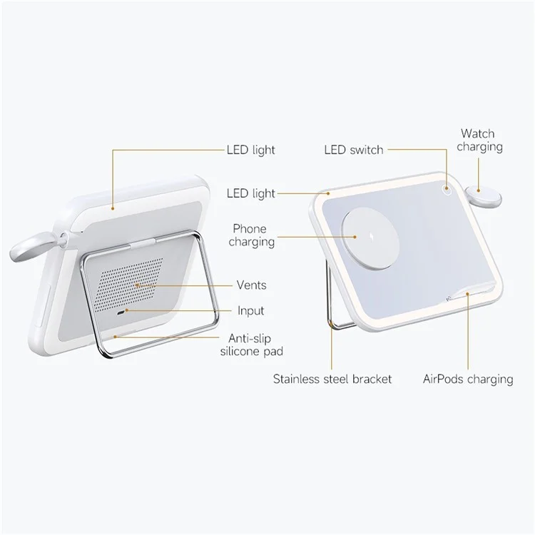 V22 3-in-1 kompatibel mit MagSafe Wireless Charger mit LED-Schminkspiegel und Nachtlicht - Weiß