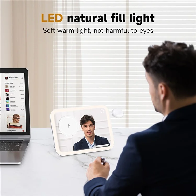 V22 3-in-1 kompatibel mit MagSafe Wireless Charger mit LED-Schminkspiegel und Nachtlicht - Weiß