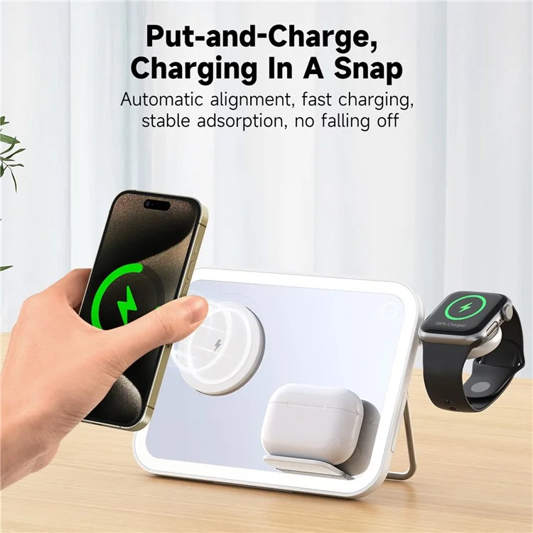 V22 3-in-1 kompatibel mit MagSafe Wireless Charger mit LED-Schminkspiegel und Nachtlicht - Weiß