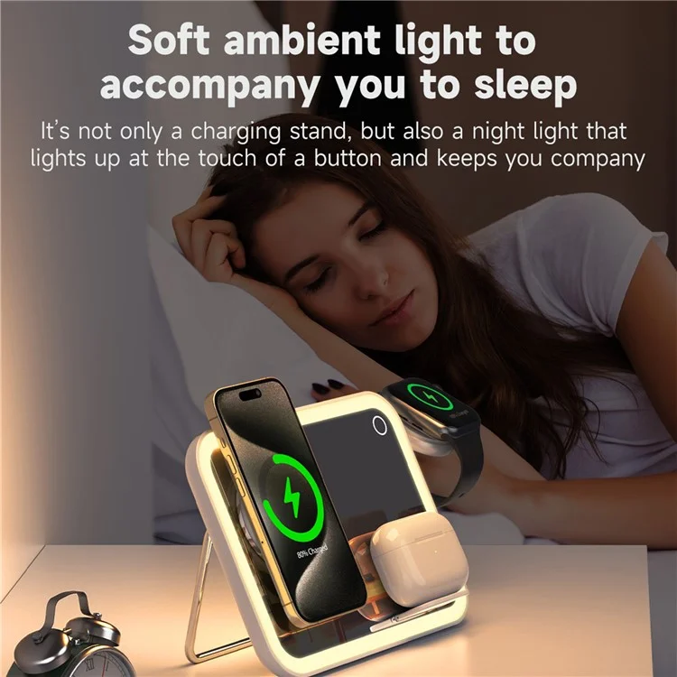 V22 3-in-1 kompatibel mit MagSafe Wireless Charger mit LED-Schminkspiegel und Nachtlicht - Weiß