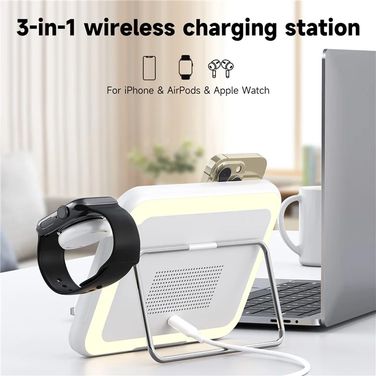 V22 3-in-1 kompatibel mit MagSafe Wireless Charger mit LED-Schminkspiegel und Nachtlicht - Weiß