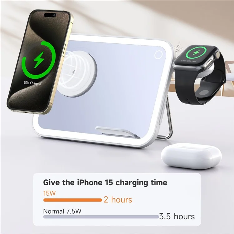 V22 3-in-1 kompatibel mit MagSafe Wireless Charger mit LED-Schminkspiegel und Nachtlicht - Weiß