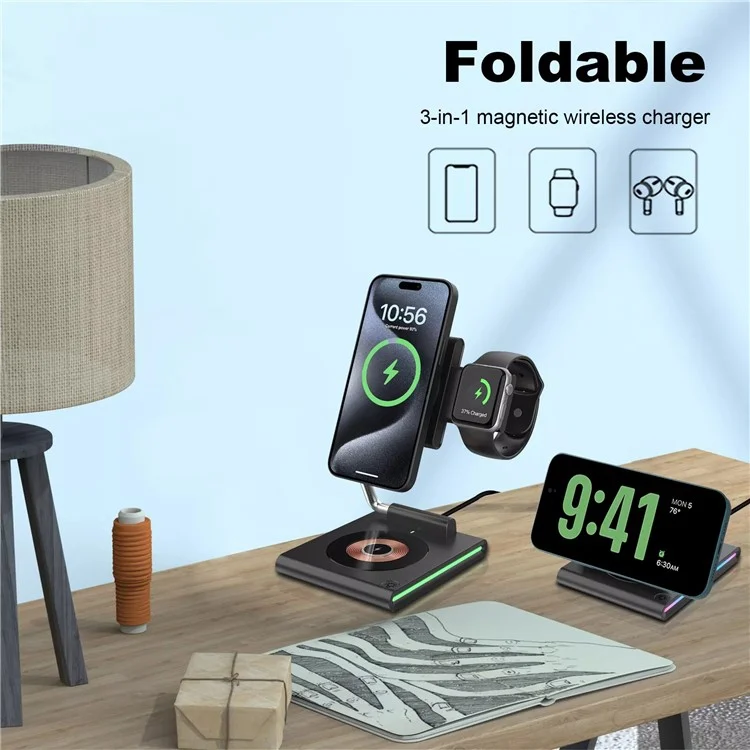KTM8 For iPhone / iWatch / AirPods 3-in-1 Wireless Charging Stand 15W Magnetic Wireless Charger