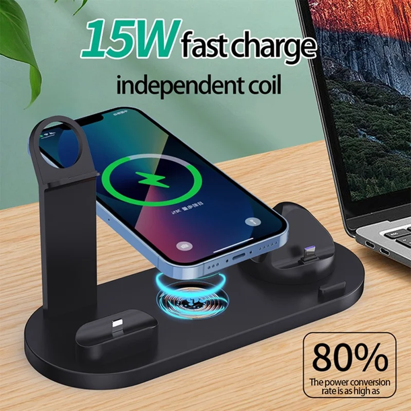 B-07 6-in-1 Desktop Phone Watch Earphone Charging Stand Wireless Charging Dock - White