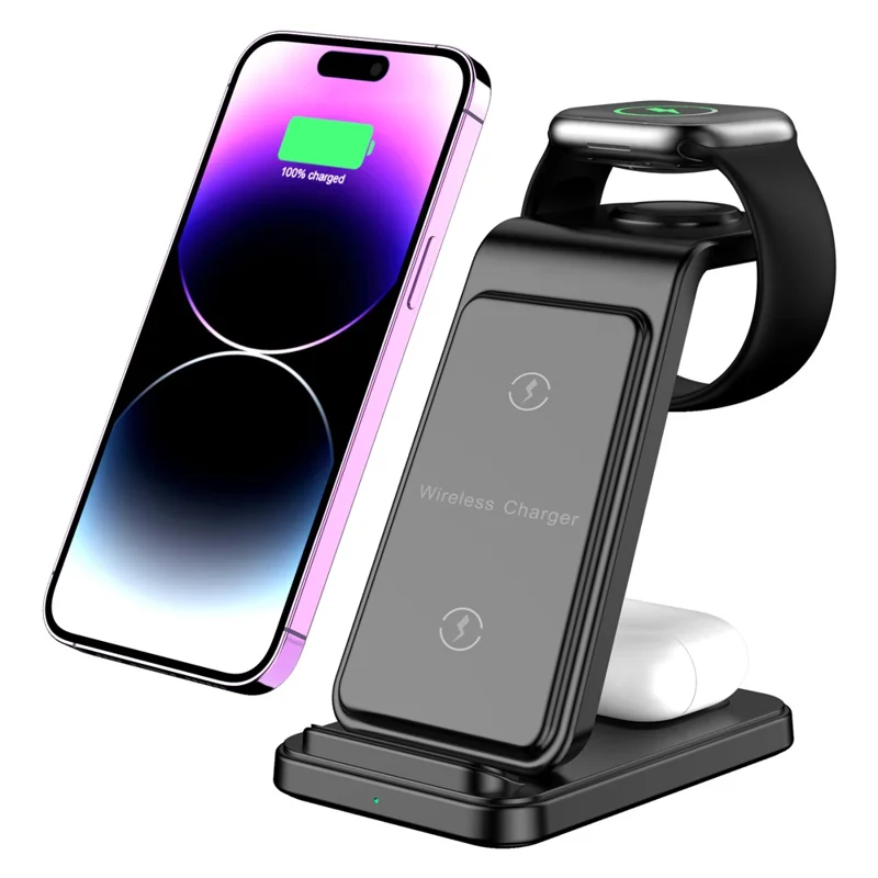 Q100 Vertical Stand 3-in-1 15W Fast Charging Wireless Charger Compatible with iPhone  /  Apple Watch  /  Airpods - Black