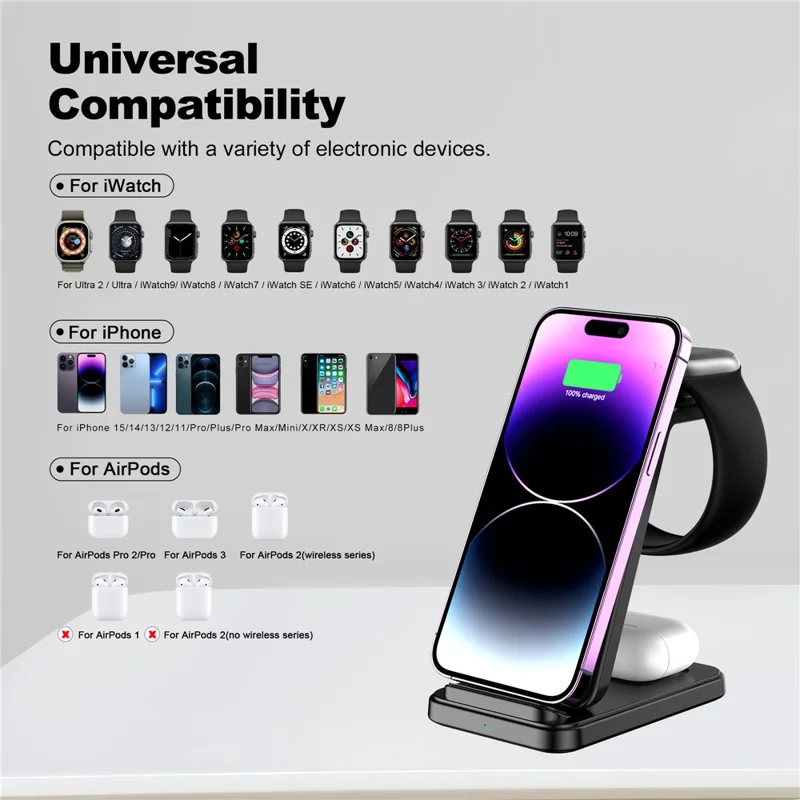 Q100 Vertical Stand 3-in-1 15W Fast Charging Wireless Charger Compatible with iPhone  /  Apple Watch  /  Airpods - Black