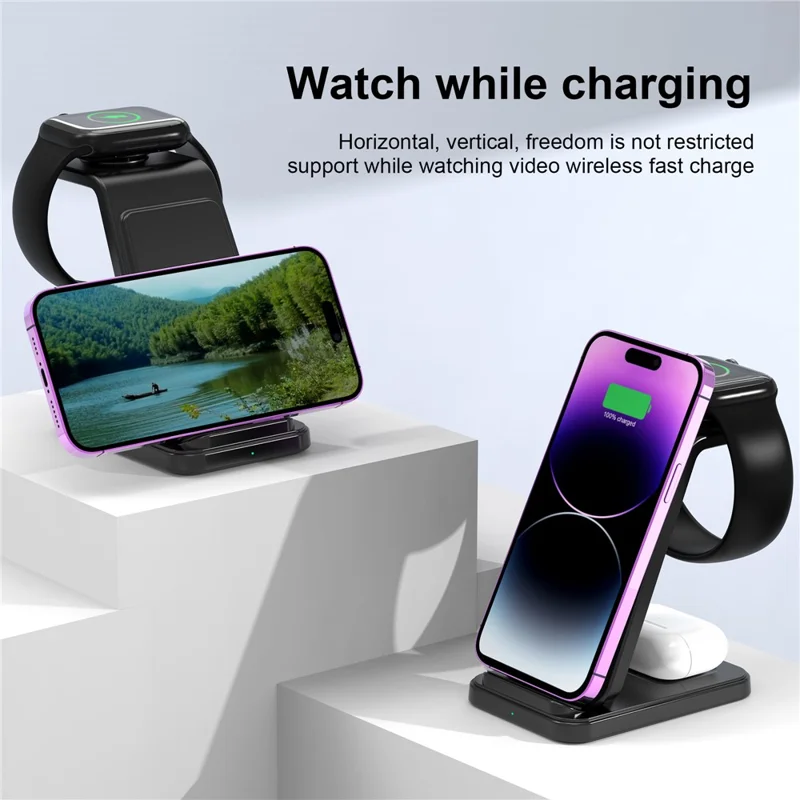 Q100 Vertical Stand 3-in-1 15W Fast Charging Wireless Charger Compatible with iPhone  /  Apple Watch  /  Airpods - Black