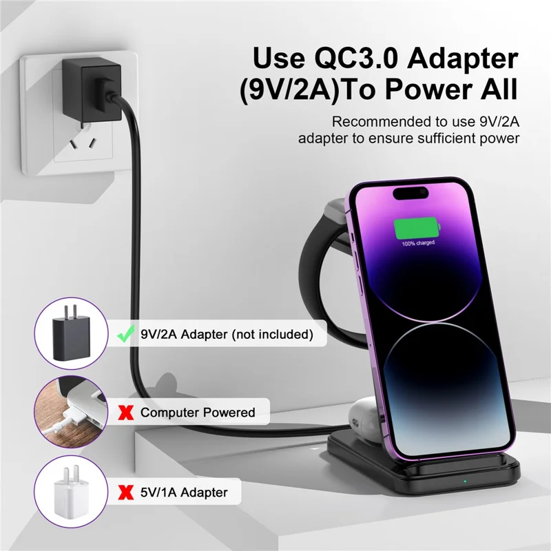 Q100 Vertical Stand 3-in-1 15W Fast Charging Wireless Charger Compatible with iPhone  /  Apple Watch  /  Airpods - Black
