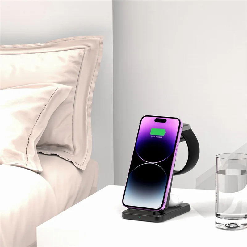 Q100 Vertical Stand 3-in-1 15W Fast Charging Wireless Charger Compatible with iPhone  /  Apple Watch  /  Airpods - Black