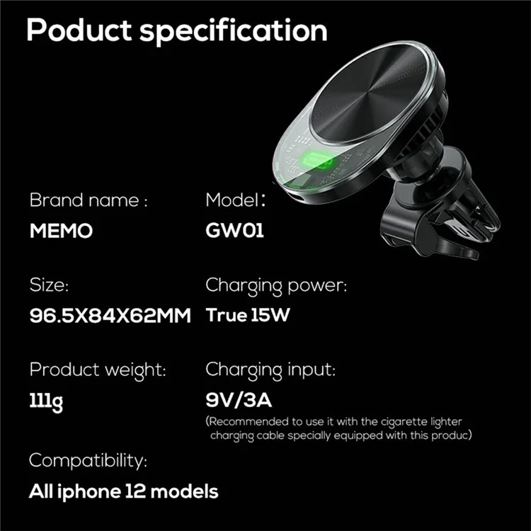 Memo CW01 Air Ventilín de Aire Magnetic Wireless Carger Phone Soporte de Enfriamiento de Soporte Para Iphone 15-12
