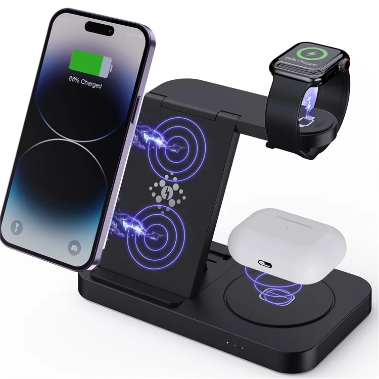 B-18C 3 em 1 Carregador Sem Fio 15w Carregador de Carregamento Rápido Stand Para Apple Watch, Iphone, AirPods - Preto