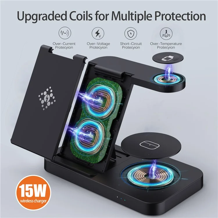 B-18C 3 em 1 Carregador Sem Fio 15w Carregador de Carregamento Rápido Stand Para Apple Watch, Iphone, AirPods - Preto
