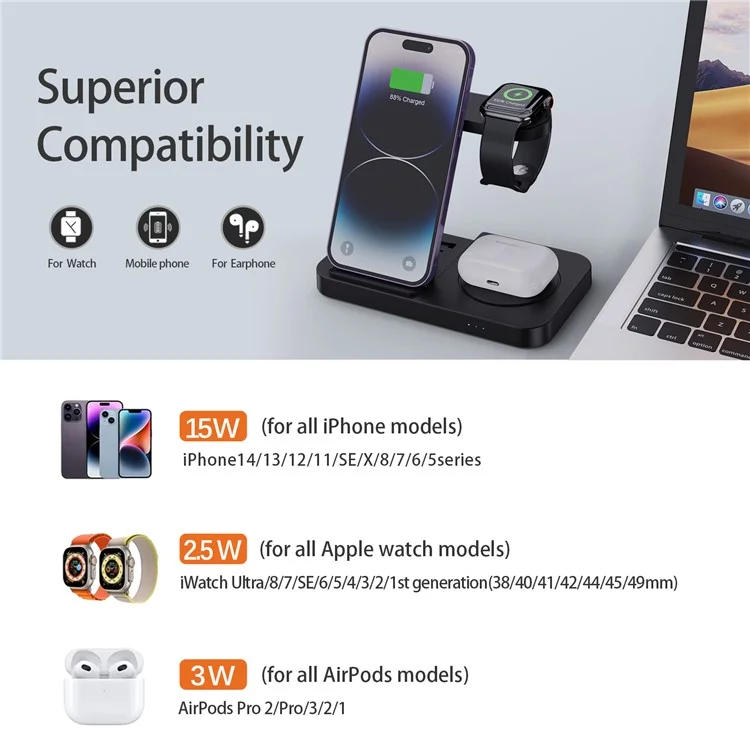 B-18C 3 em 1 Carregador Sem Fio 15w Carregador de Carregamento Rápido Stand Para Apple Watch, Iphone, AirPods - Preto