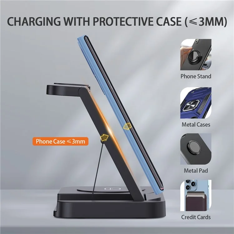 B-18C 3 em 1 Carregador Sem Fio 15w Carregador de Carregamento Rápido Stand Para Apple Watch, Iphone, AirPods - Preto