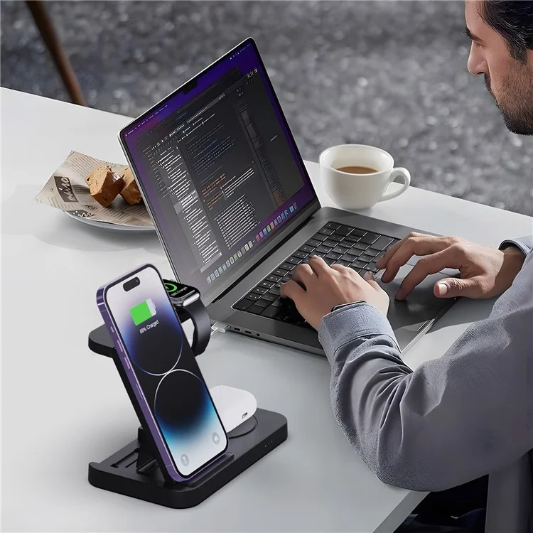 B-18C 3 em 1 Carregador Sem Fio 15w Carregador de Carregamento Rápido Stand Para Apple Watch, Iphone, AirPods - Preto
