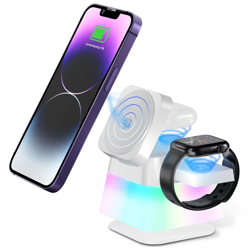 X549 Rotating 4-in-1 Magnetic Wireless Charger Desktop Station with Night Light for iPhone Apple Watch AirPods - White