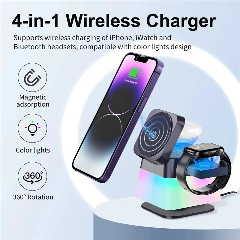 X549 Rotating 4-in-1 Magnetic Wireless Charger Desktop Station with Night Light for iPhone Apple Watch AirPods - White