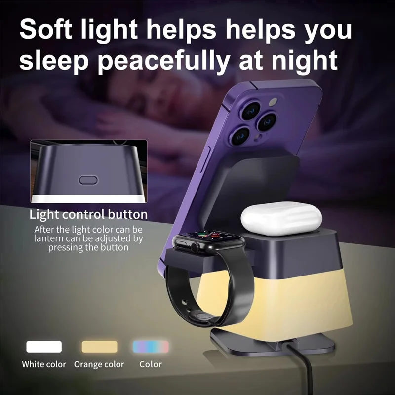 X549 Rotating 4-in-1 Magnetic Wireless Charger Desktop Station with Night Light for iPhone Apple Watch AirPods - White