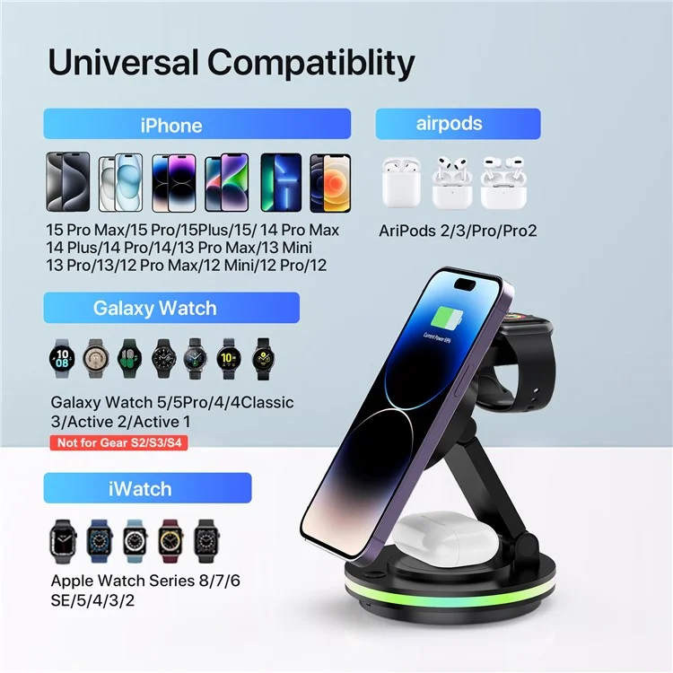 X548 3-in-1 Rotating Desktop Charging Station Magnetic Wireless Charger for iPhone Apple Watch AirPods - White