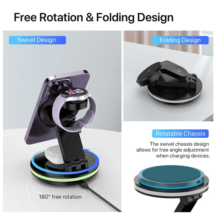 X548 3-in-1 Rotating Desktop Charging Station Magnetic Wireless Charger for iPhone Apple Watch AirPods - White