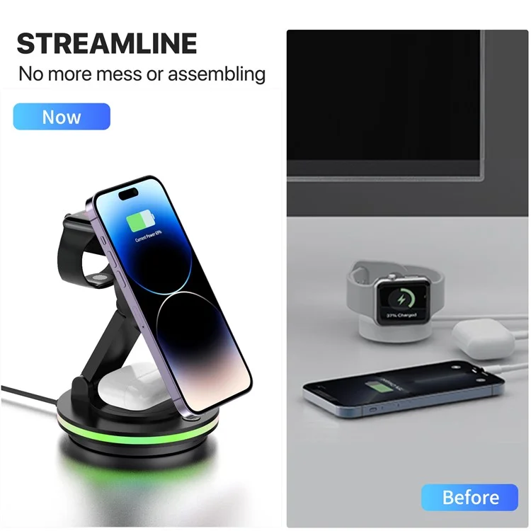 X548 3-in-1 Rotating Desktop Charging Station Magnetic Wireless Charger for iPhone Apple Watch AirPods - White