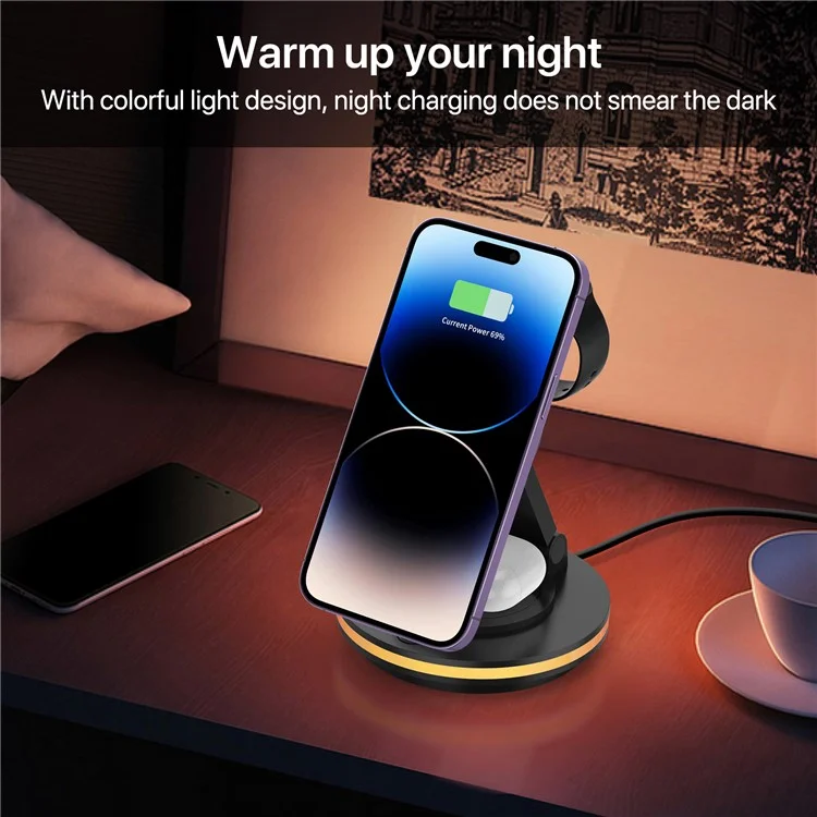 X548 3-in-1 Rotating Desktop Charging Station Magnetic Wireless Charger for iPhone Apple Watch AirPods - White