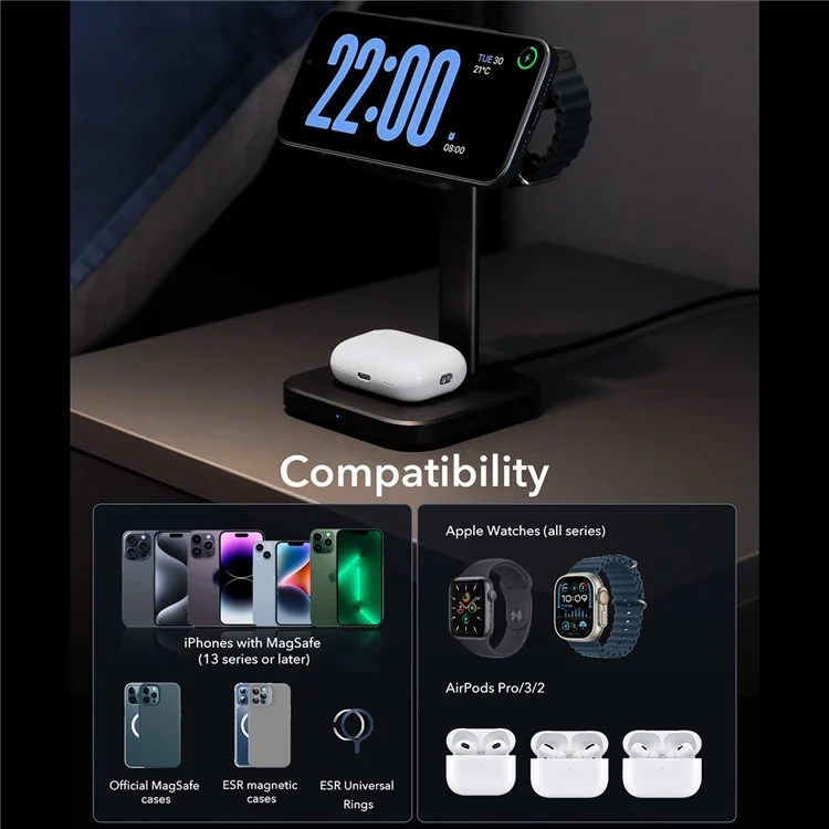 ESR 2C566 Qi2 15W 3-in-1 Wireless Charger Compatible with MagSafe Charging Stand - Black / US Plug