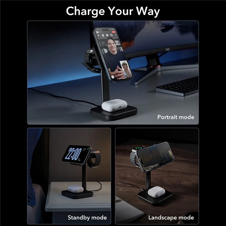 ESR 2C566 Qi2 15W 3-in-1 Wireless Charger Compatible with MagSafe Charging Stand - Black / US Plug