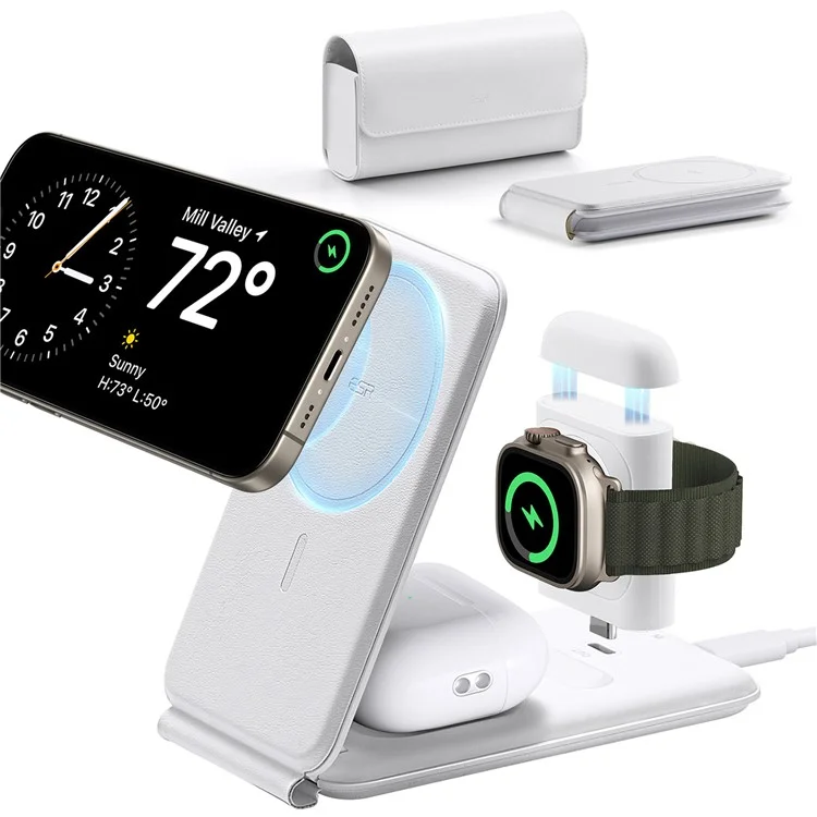 ESR Qi2 3-in-1 Magnetic Wireless Charger 25W Portable Travel Charging Station for iPhone, Airpods, iWatch - White / EU Plug