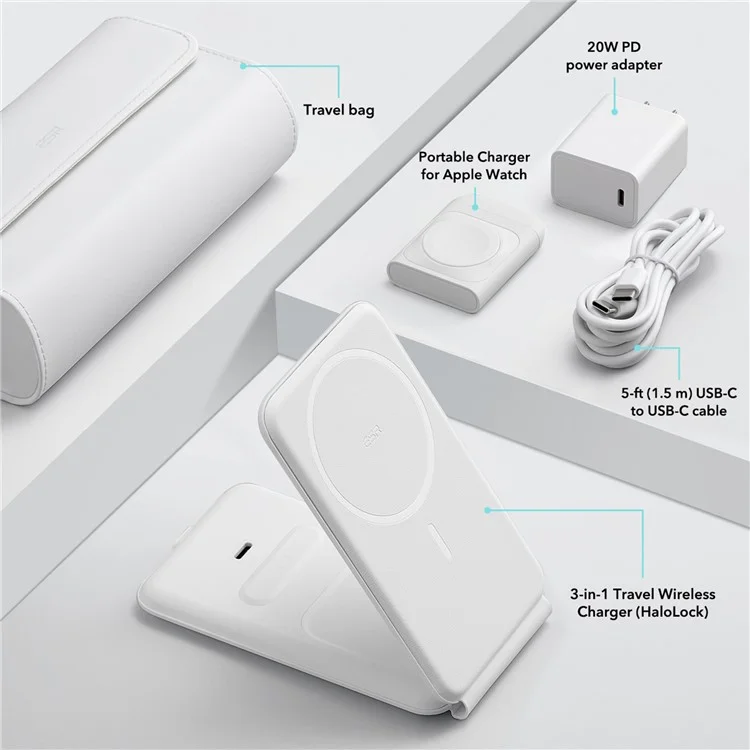ESR Qi2 3-in-1 Magnetic Wireless Charger 25W Portable Travel Charging Station for iPhone, Airpods, iWatch - White / EU Plug