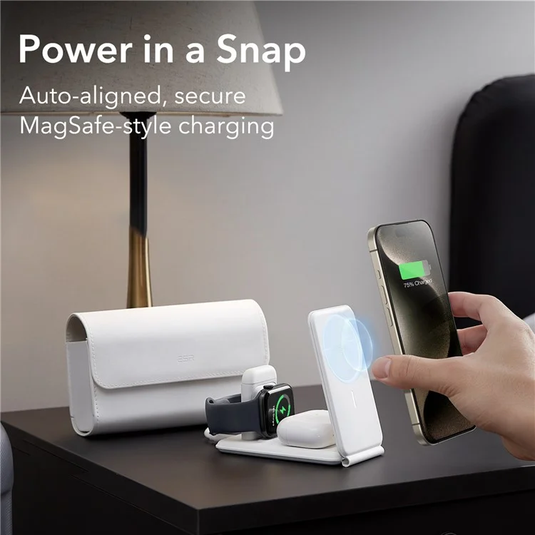 ESR Qi2 3-in-1 Magnetic Wireless Charger 25W Portable Travel Charging Station for iPhone, Airpods, iWatch - White / EU Plug