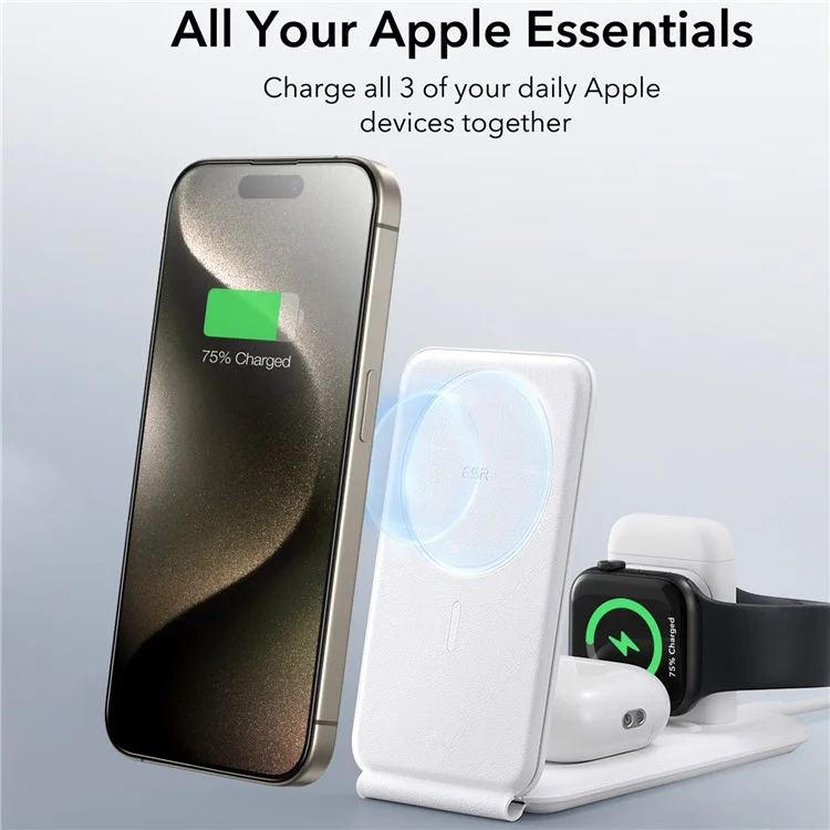 ESR Qi2 3-in-1 Magnetic Wireless Charger 25W Portable Travel Charging Station for iPhone, Airpods, iWatch - White / EU Plug