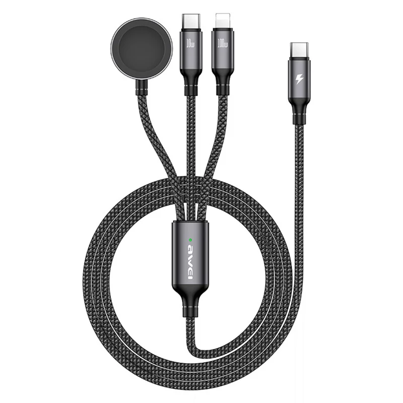 AWEI W23 1,2m Typ-c Zum Typ-c + ip + Wireless Ladegerät Für Apple Watch 3-in-1-ladekabel - Schwarz
