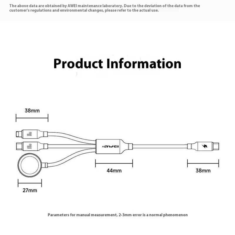 AWEI W23 1,2m Typ-c Zum Typ-c + ip + Wireless Ladegerät Für Apple Watch 3-in-1-ladekabel - Schwarz