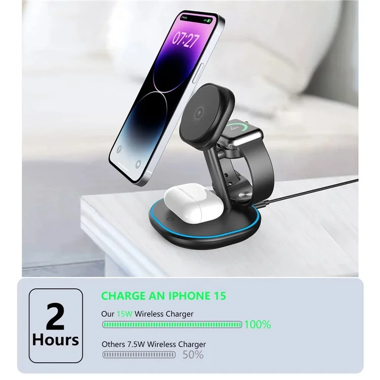Z27 QI2 3-in-1 15W Charging Stand Phone Watch Earphone Magnetic Wireless Charger - Black