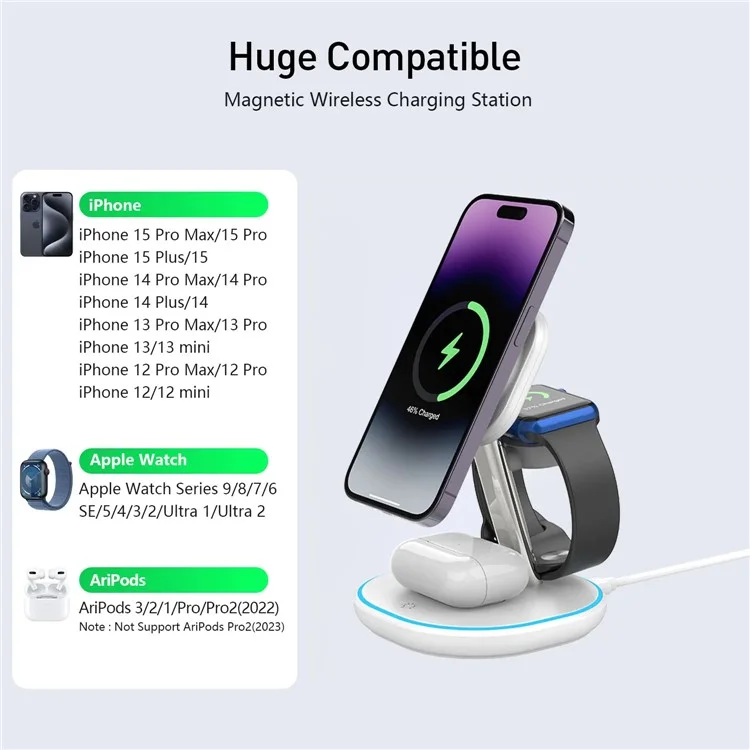 Z27 QI2 3-in-1 15W Charging Stand Phone Watch Earphone Magnetic Wireless Charger - Black