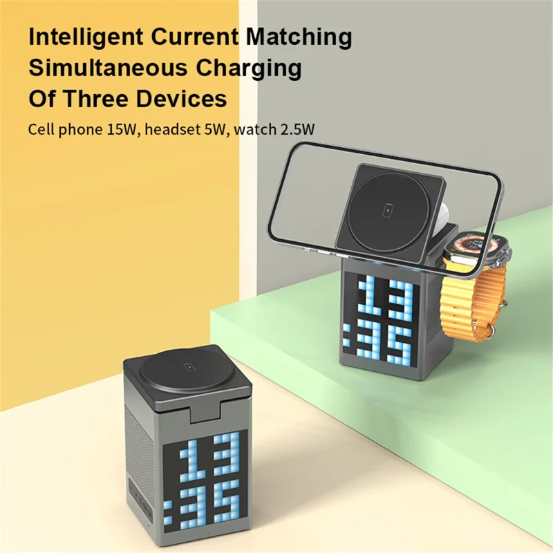 S5 15W Phone Earphone Watch Magnetic Wireless Charger Digital Clock Bluetooth-compatible Speaker - Grey