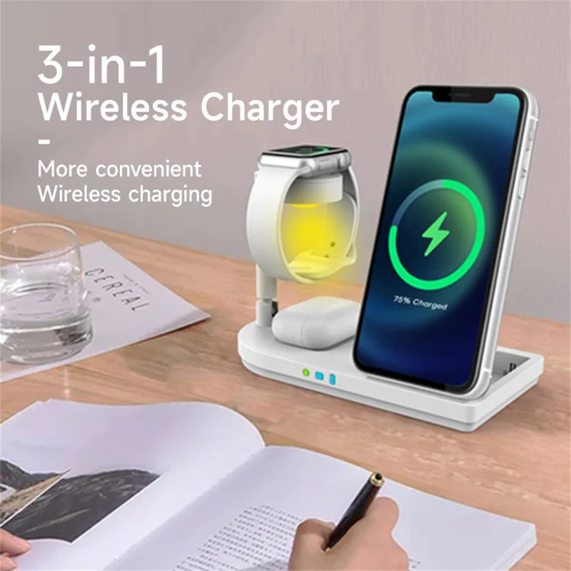 F5 15W 4-in-1 Wireless Charging Station Phone Watch Earphones Foldable Wireless Charger - White / For Samsung Devices