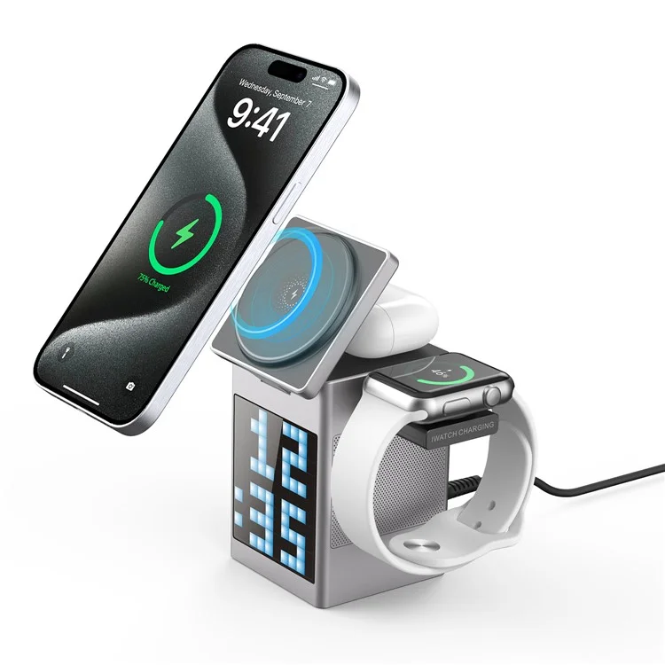 S5 15W 6 en 1 Cargador Inalámbrico Magnético Con Altavoz Bluetooth, Docking de Carga Rápida. - Gris