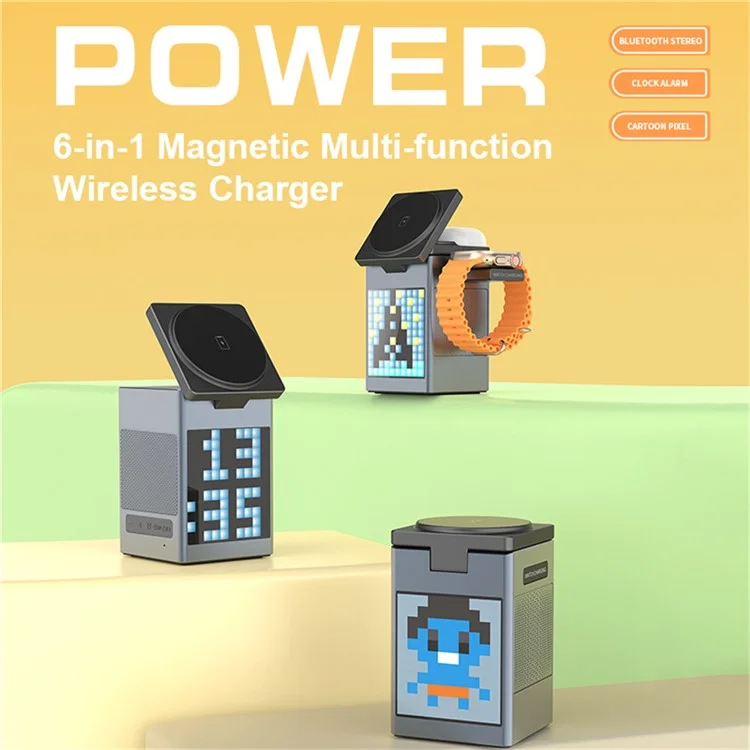 S5 15W 6 en 1 Cargador Inalámbrico Magnético Con Altavoz Bluetooth, Docking de Carga Rápida. - Gris