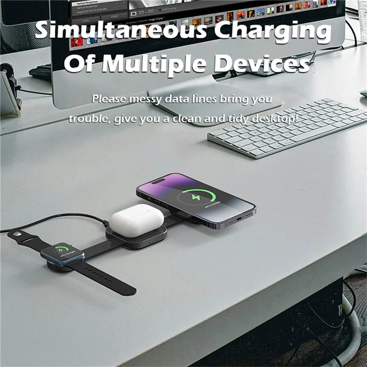 AD10 3-in-1 for Apple Watch / AirPods / Phone Foldable Charging Dock 15W Magnetic Wireless Charger - Black