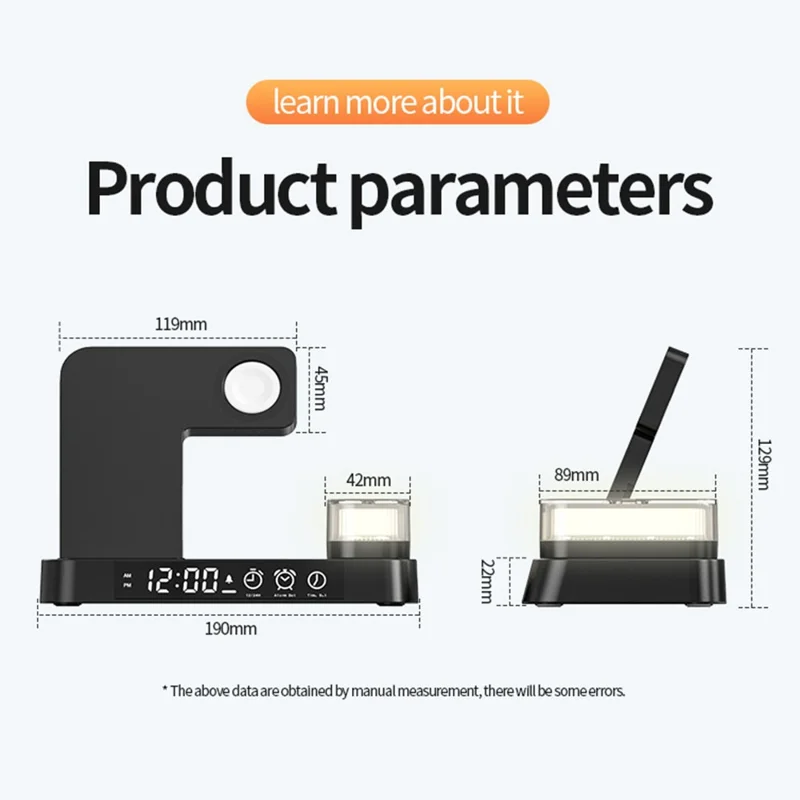 A37 3 في 1 قابل للطي لهاتف وساعة وسماعة أذن، شاحن لاسلكي 15 واط، ساعة رقمية، ضوء ليلي LED RGB - أسود