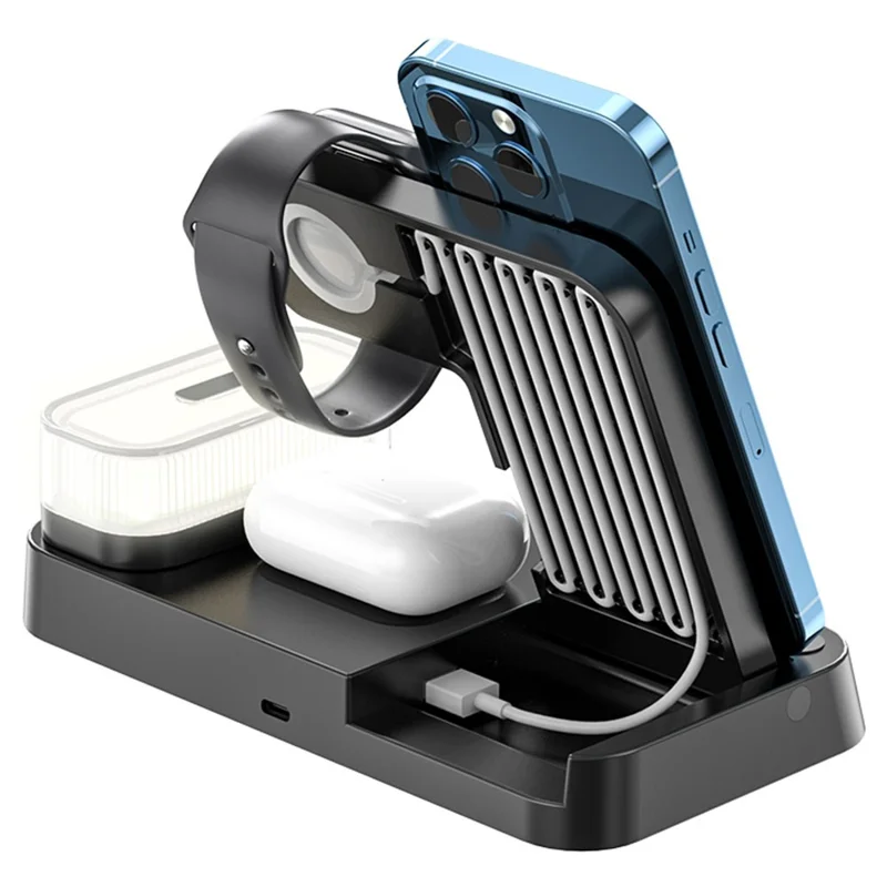 A37 3 في 1 قابل للطي لهاتف وساعة وسماعة أذن، شاحن لاسلكي 15 واط، ساعة رقمية، ضوء ليلي LED RGB - أسود