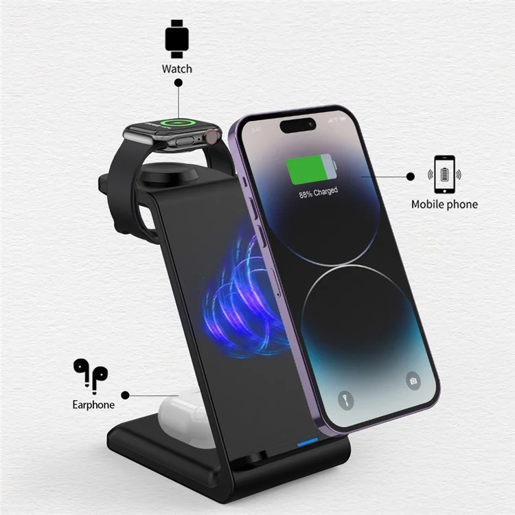 E8 3-em-1 15W Sem Fio Carregador de Telefone Assistir Fone de Ouvido Com Desktop Carregamento - Preto