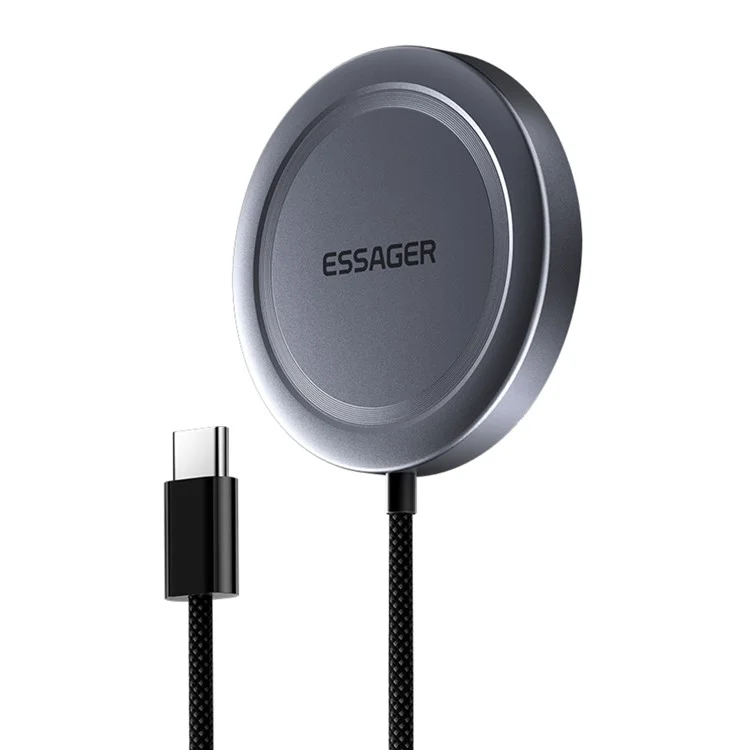 ESSAGER Qi2 15W Allime de Charge Fast Allinim + PC Magnetine Wiress Chargeur Pour Iphone 12-16 - Gris