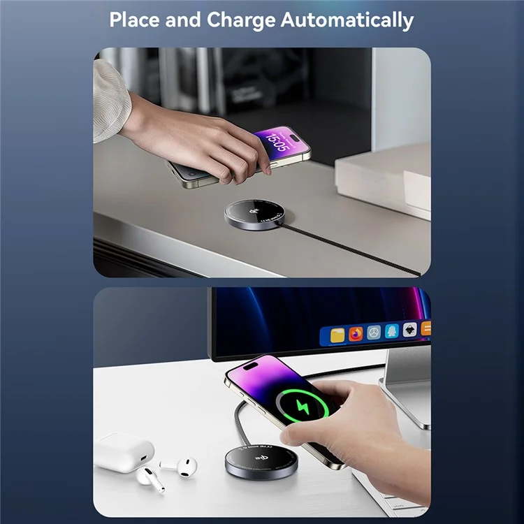 ESSAGER Qi2 15W Allime de Charge Fast Allinim + PC Magnetine Wiress Chargeur Pour Iphone 12-16 - Gris