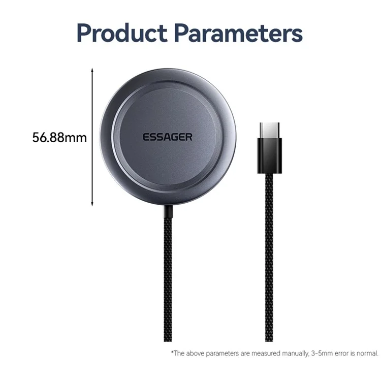 ESSAGER Qi2 15W Allime de Charge Fast Allinim + PC Magnetine Wiress Chargeur Pour Iphone 12-16 - Gris