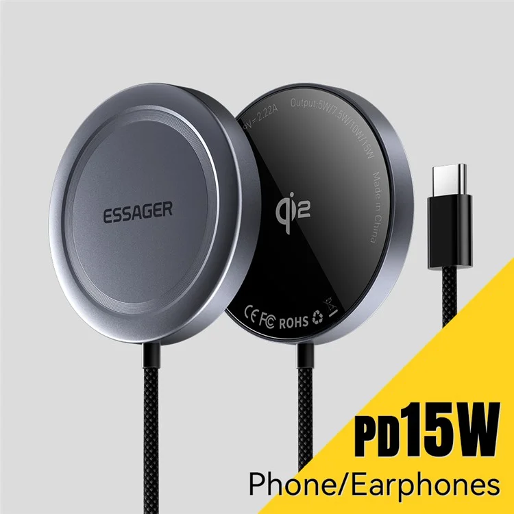 ESSAGER Qi2 15W Allime de Charge Fast Allinim + PC Magnetine Wiress Chargeur Pour Iphone 12-16 - Gris